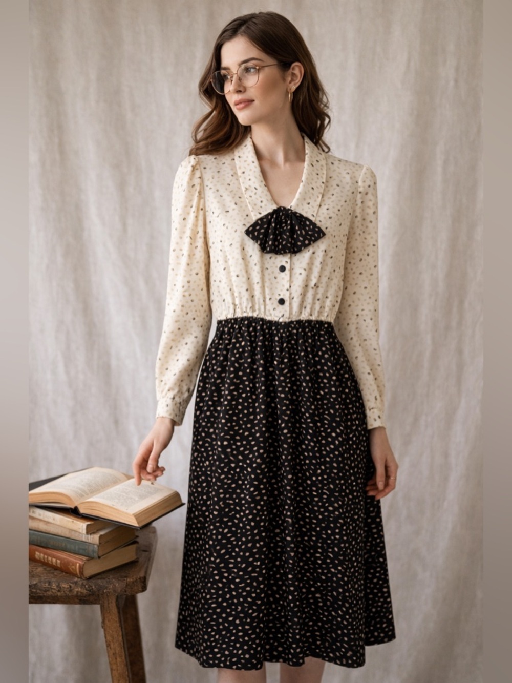 Vintage Secretary Dress Bow Collar Colorblock Dark Academia J Ellis